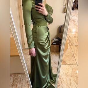 Elegant Olive Green Long Sleeve Draped Evening Gown